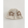 Handgefertigter Häkel-Fischerhut in Beige mit braunem Blumenmuster im Retro-Look - Mittlere Blume Beige / M (56-58cm)