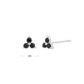 Detail of 4mm triangle cluster flower stud earrings with three round black stones in silver - White Gold Plated 925 Silver - Black Zirconia