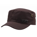 Dark brown cotton flat top military cap featuring metal SPORTS side lettering - Coffee with Metal Tag