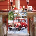 Christmas table runner with vintage red car and snow cabin on a wooden festive table - 181x35.5cm / Snowy Car
