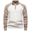Herren-Pullover mit Stehkragen und Reißverschluss in Creme und Hellkamel Raglanärmeln - S / Naturweiß Patchwork (Y835)