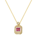 Detailed macro of gold cubic pendant necklace with inlaid red and white crystals - Gold Magenta Zirconia Necklace