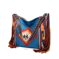 Detail of bohemian tote bag with geometric patterns and dual-tone long side tassels - Style 5