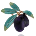 Olive branch brooch with green enamel leaves and purple fruit on a metal base - Jujube B07909