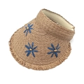 Visiera in paglia con ricami floreali blu e bordi sfrangiati per le vacanze estive - M (56-58cm) / Cachi