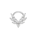 Silver-toned nose hoop with leaf-shaped marquise zircons and central heart gemstone - Leaf Shape / Silver
