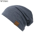 Dunkelgraue Beanie-Mütze aus Baumwollstrick für Herren und Damen mit F&S-Lederetikett - M (56-58cm) / Marineblau