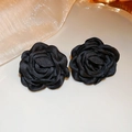 Detailed view of elegant black fabric rose earrings on a white ceramic plate - Black Fabric Rose Earrings (48#)