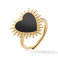 French style gold radiating heart ring with black enamel and adjustable open band - Black
