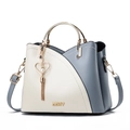 Chic beige and grey-blue color-block handbag with gold handle and pearl tassel - White and Blue