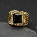 Men's vintage gold stainless steel ring with square black gemstone and halo diamonds - Gold + Black Stone