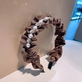 Brown pleated satin headband with pearls and rhinestones for an elegant look - S20 Coffee Pleated Pearl Rhinestone Style