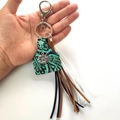 Western style cattle tag keychain with leather tassels, turquoise bead and sunflower charm - Turquoise Embossed