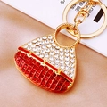 Elegant gold handbag keychain with red and white crystal rhinestones on satin - Red Handbag Keychain