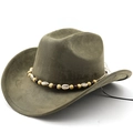 Chapeau de cowboy western vert olive en suédine avec ruban de perles et coquillages - Vert Militaire
