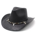 Classic black woven western cowboy hat with wide brim and bohemian feather accessory - M (56-58cm) / Black