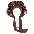 Dark brown satin sleep bonnet with high elastic long ribbons for secure fitting - Coffee