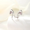Silver kitten ear cuff in titanium steel with pink zircon accents for non-pierced ears - Pink (Single Piece)