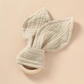 Beige cotton bunny ear baby teether with natural wooden ring for sensory infant teething - Nude