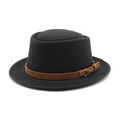 Chapeau classique en laine noire avec bandeau en cuir marron et boucle dorée - Noir