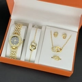 Elegant gold jewelry gift set with watch, double heart necklace and sparkling earrings - Black Dial + Gold Heart Set (with Box)