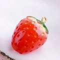 Handmade red resin strawberry pendant with green leaves and a golden metal ring - No.2 Medium Strawberry Gold Loop