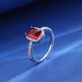 Silver square ring with red gemstone and small diamonds on deep blue silk background - Square Style (M-131)