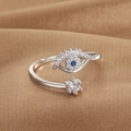 Silver adjustable evil eye open ring with blue stone and star on gold satin background - Evil Eye Heart Style (Q-J071) / White Gold
