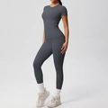 Detail of dark grey brushed yoga set featuring tight short sleeve top and high waist leggings - S / Graphite Grey
