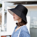 Dettaglio ravvicinato della tesa larga del cappello da sole in cotone nero e beige - M (56-58cm) / Nero + Beige