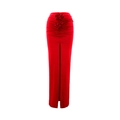 Detail view of red midi skirt featuring 3D rose ornaments and a high side slit - S / Red