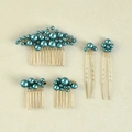 Five-piece bridal hair accessory set with turquoise pearls and golden wire combs - Green (3 Combs + 2 Pins)