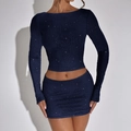 Navy blue Y2K two-piece set featuring long sleeve crop top and mini skirt with rhinestones - S / Top And Bottom / Navy Blue