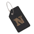 Black leather luggage tag with gold letter N and secure metal cable ring - Letter N