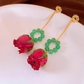 French style flower earrings with red rose buds and green beads on gold chains - 59# Gold Green Purple Dried Rose (925 Sterling Silver Earring Post)
