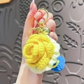 Crochet plush rose flower keychain in yellow, white, and blue handmade wool knit - Yellow