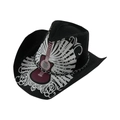 Black woven cowboy hat with purple guitar print and silver chain accessory on white background - 58cm / Black Guitar Pattern