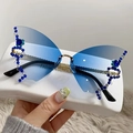 Blue gradient butterfly rimless sunglasses with sparkling crystal accents and black temples - Butterfly Blue