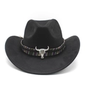 Black faux suede western cowboy hat featuring a colorful bohemian band and silver ox head - M (56-59cm) / Black Suede