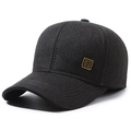 Dark grey wool baseball cap for men with warm ear protection and golden metal badge - Adjustable / Dark Gray