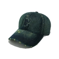 Detailed view of frayed edges and C letter embroidery on washed denim baseball cap - M (56-58cm) / Yellow