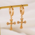 Detail of 18K gold cross earrings with textured relief and multi-color zircon stones - KC Gold Vintage Carved Colorful Stone Cross