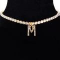 Golden tennis chain necklace featuring a crystal-encrusted letter M pendant for women - Letter M [Gold]