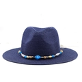 Detail of navy fedora straw hat featuring colorful beaded band and wide sun brim - M (56-58cm) / Navy Blue
