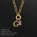 14K gold plated stainless steel G-letter necklace with a pink emerald cut gemstone - Letter G