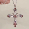 Silver cross necklace featuring pink and purple rhinestones on a delicate chain - Retro Wavy Edge Colored Rhinestone Necklace (5724301)