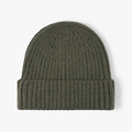 Deep olive green ribbed knit wool beanie with folded cuff for winter warmth - Dark Green