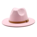 Detail of pink wool fedora hat featuring a brown snake print leather band with gold buckle - M (56-58cm) / Pink