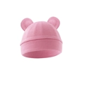 Close-up of pink newborn baby beanie with cute bear ears and soft ribbed cotton texture - One Size / Deep Pink