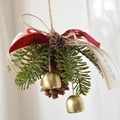Handmade pine cone ornament with red velvet bow, gold bells and holiday greenery - Large Pine Cone Ornament with Red Velvet Bow (15*15cm)